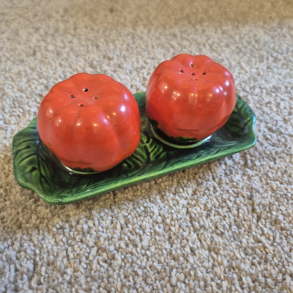 Vintage Tomato Ware Salt and Pepper Set Tray Occupied Japan with Cork Stoppers